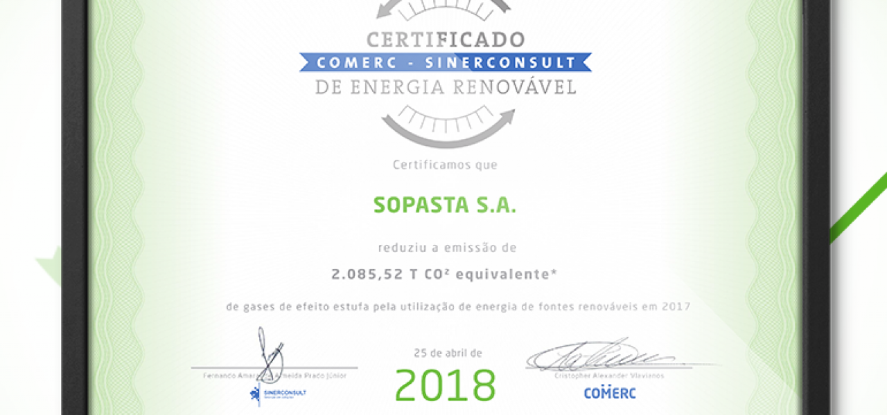 Sopasta recebe Certificado SINERCONSULT de energia renovável